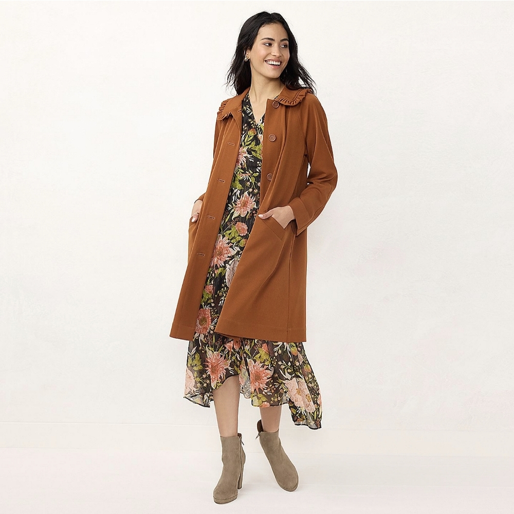 LC Lauren Conrad Women 2XL Ruffle Collar Twill Brown Brick Orange Trench Coat